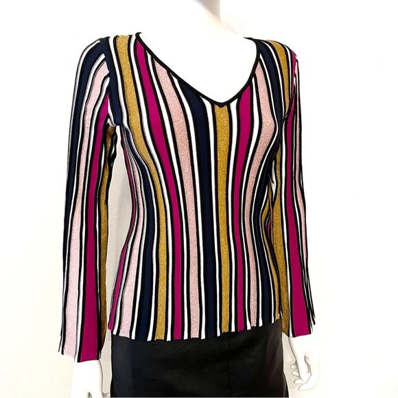MILLY Striped Pink Gold Shimmer Shine Holiday Fitted Bell Sleeve Top Small - Picture 1 of 8